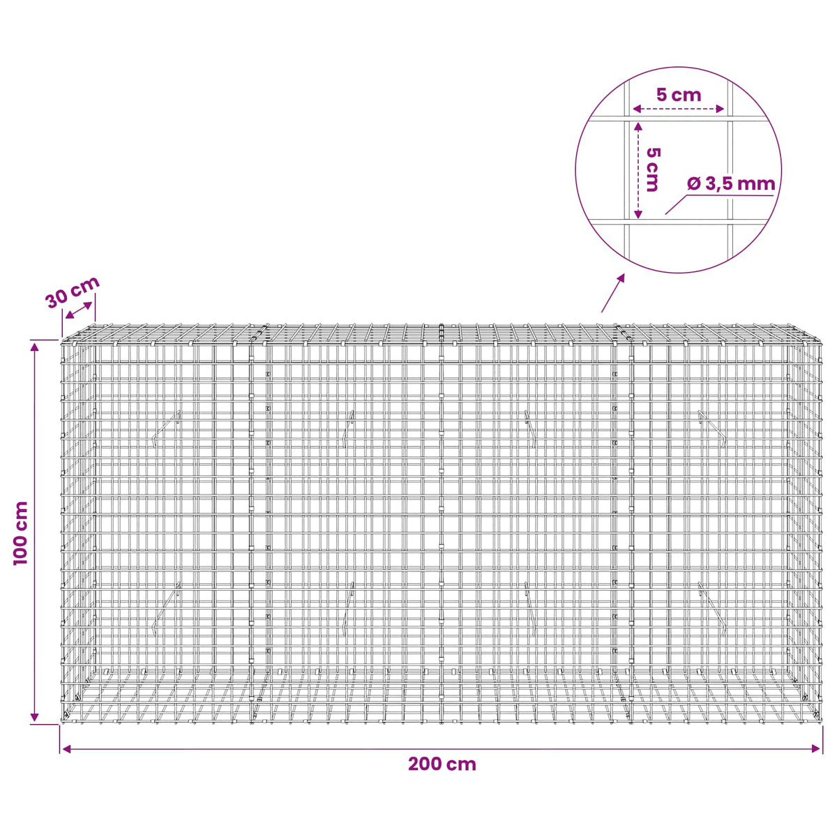 Γκαμπιόν με Σύρμα 3,5 mm και Πλέγμα 5x5 cm 200x30x100 εκ - Pakobazaar