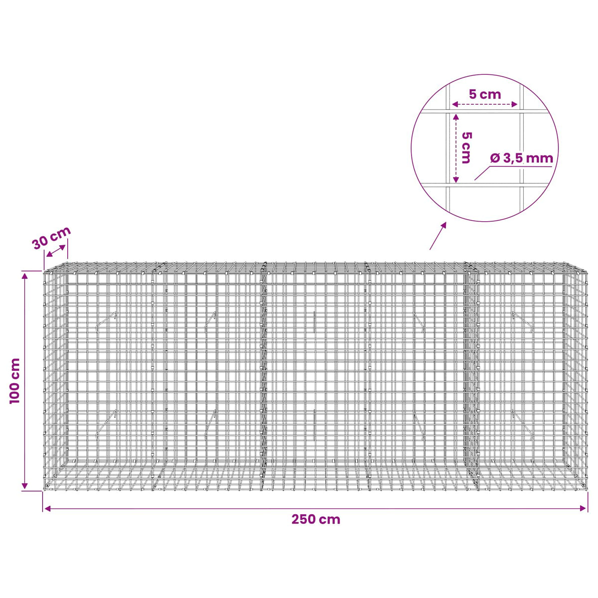Γκαμπιόν με Σύρμα 3,5 mm και Πλέγμα 5x5 cm 250x30x100 εκ