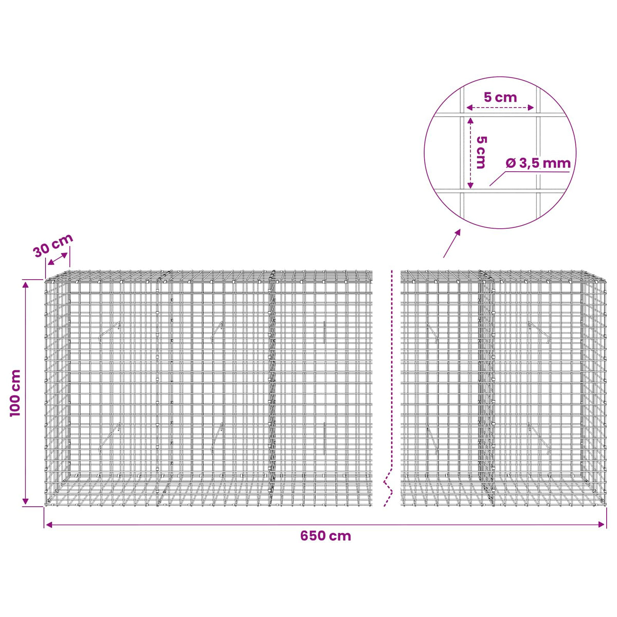 Γκαμπιόν με Σύρμα 3,5 mm και Πλέγμα 5x5 cm 650x30x100 εκ - Pakobazaar