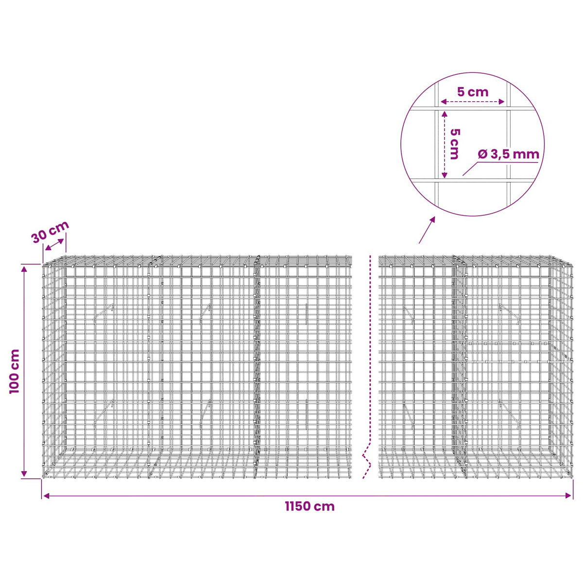 Γκαμπιόν με Σύρμα 3,5 mm και Πλέγμα 5x5 cm 1150x30x100 εκ - Pakobazaar