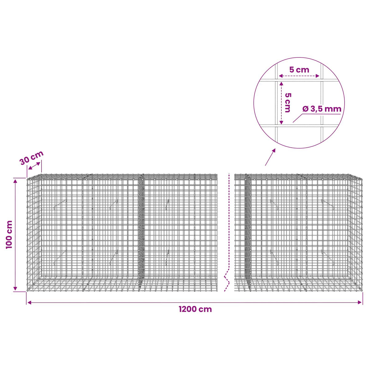 Γκαμπιόν με Σύρμα 3,5 mm και Πλέγμα 5x5 cm 1200x30x100 εκ - Pakobazaar