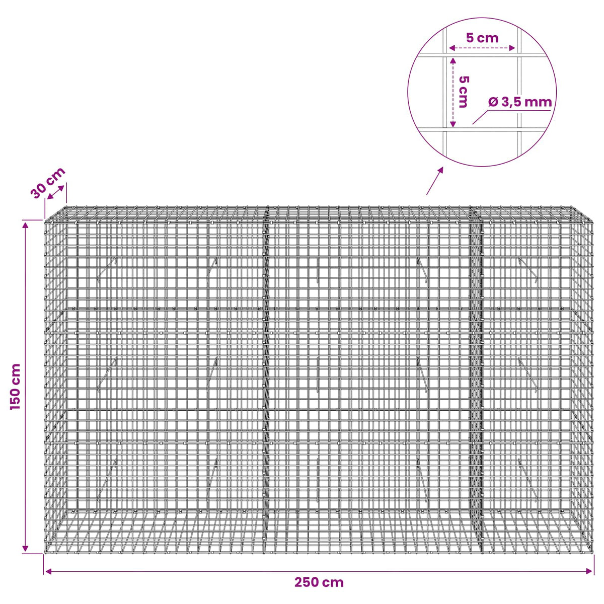Γκαμπιόν με Σύρμα 3,5 mm και Πλέγμα 5x5 cm 250x30x150 εκ - Pakobazaar