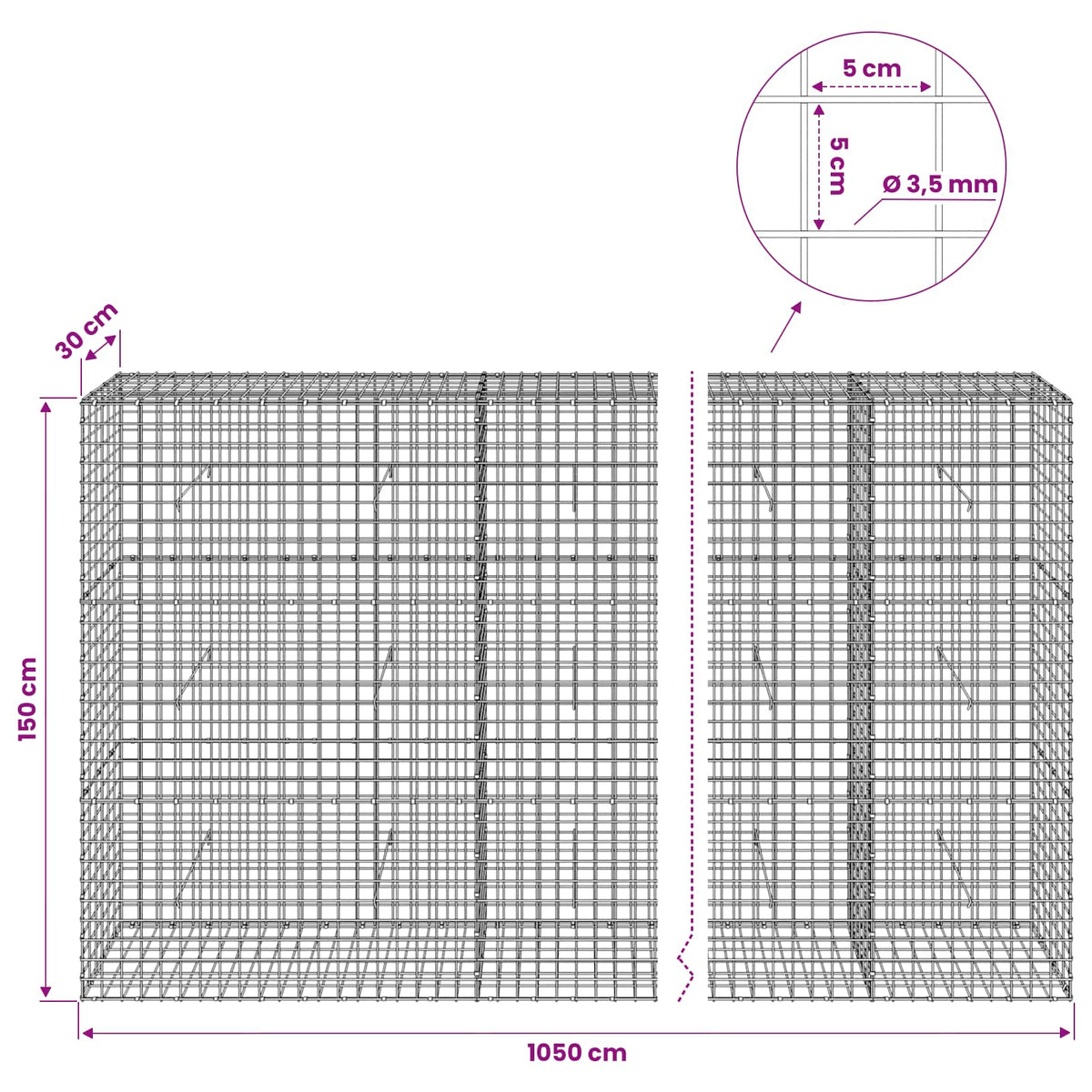 Γκαμπιόν με Σύρμα 3,5 mm και Πλέγμα 5x5 cm 1050x30x150 εκ.
