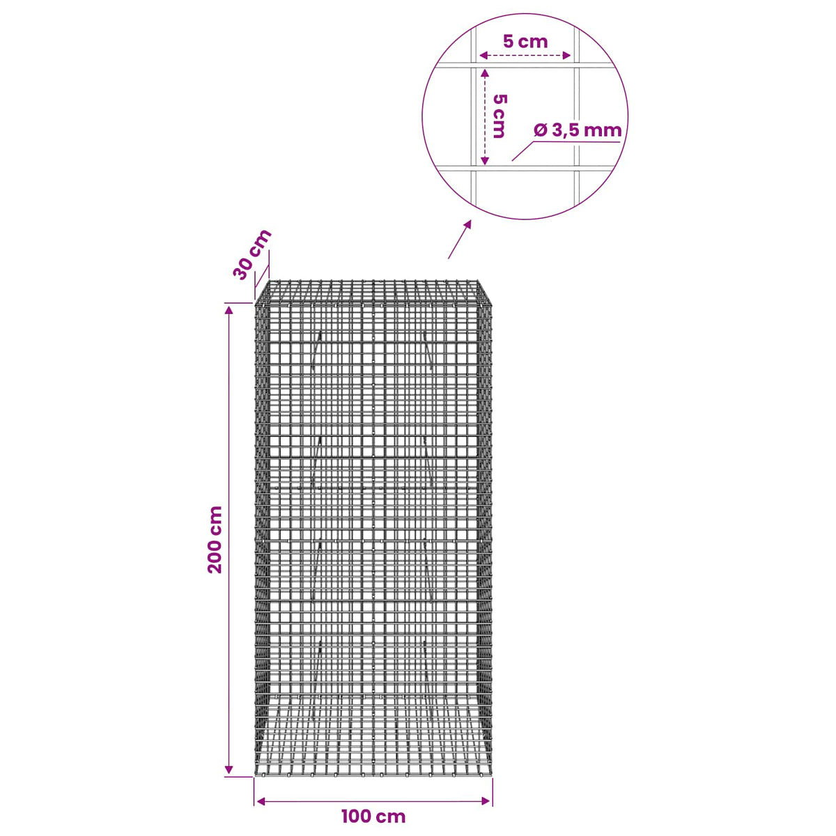 Γκαμπιόν με Σύρμα 3,5 mm και Πλέγμα 5x5 cm 100x30x200 εκ.