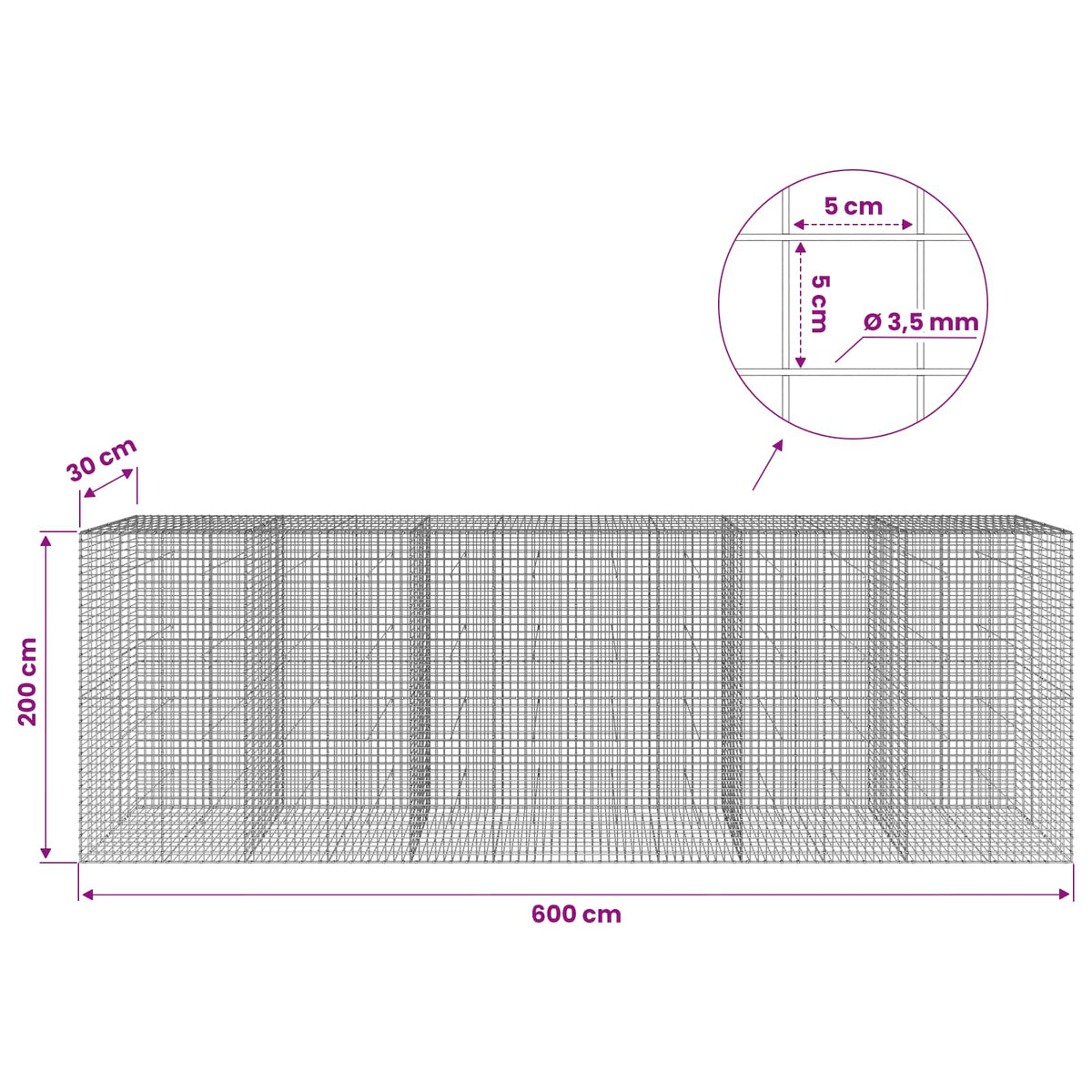 Γκαμπιόν με Σύρμα 3,5 mm και Πλέγμα 5x5 cm 600x30x200 εκ