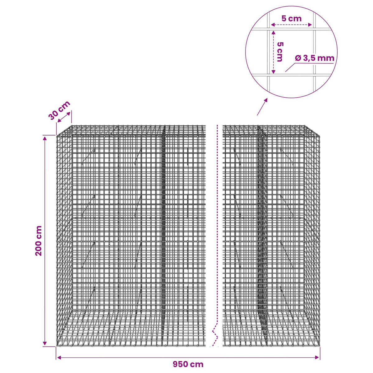 Γκαμπιόν με Σύρμα 3,5 mm και Πλέγμα 5x5 cm 950x30x200 εκ - Pakobazaar