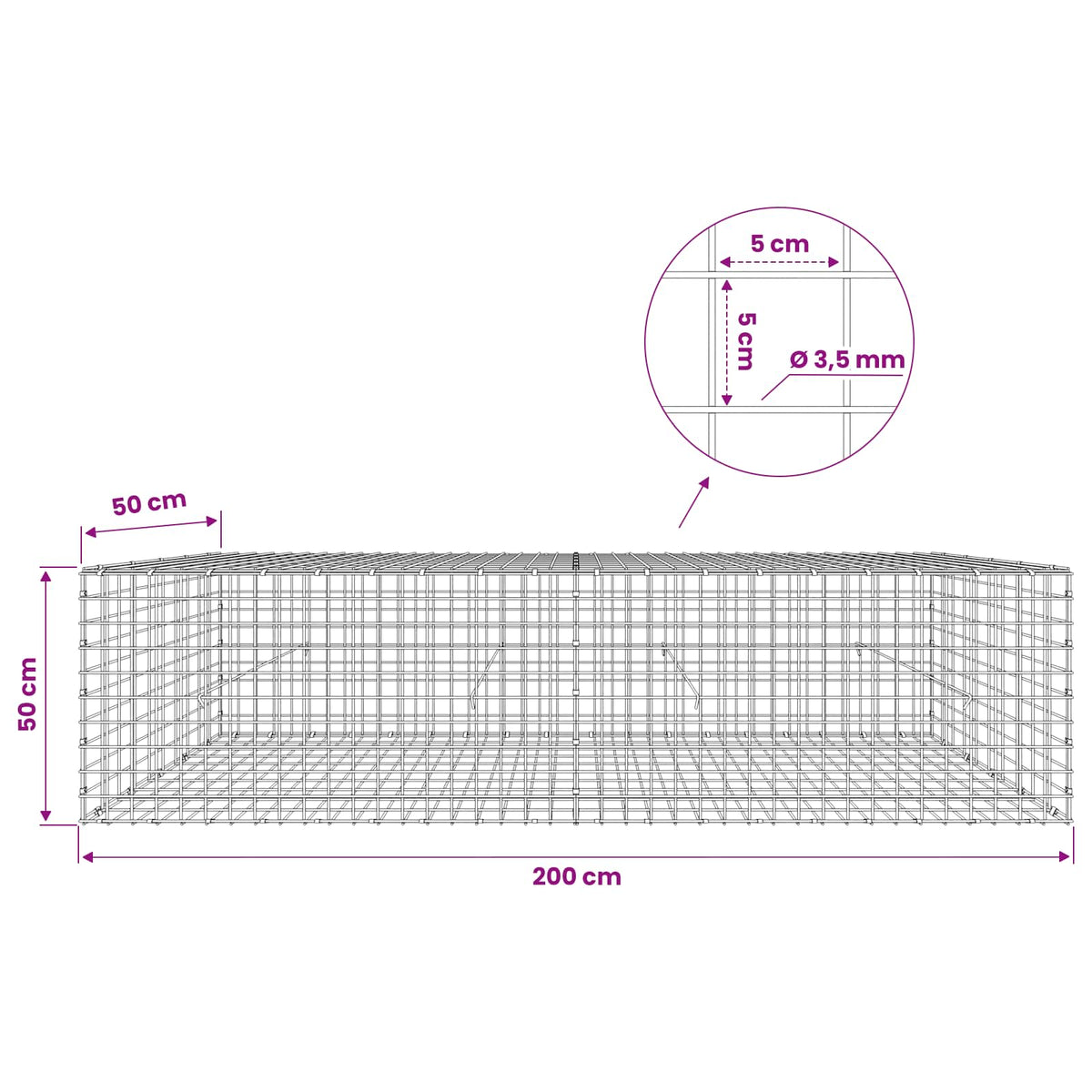 Γκαμπιόν με Σύρμα 3,5 mm και Πλέγμα 5x5 cm 200x50x50 εκ - Pakobazaar