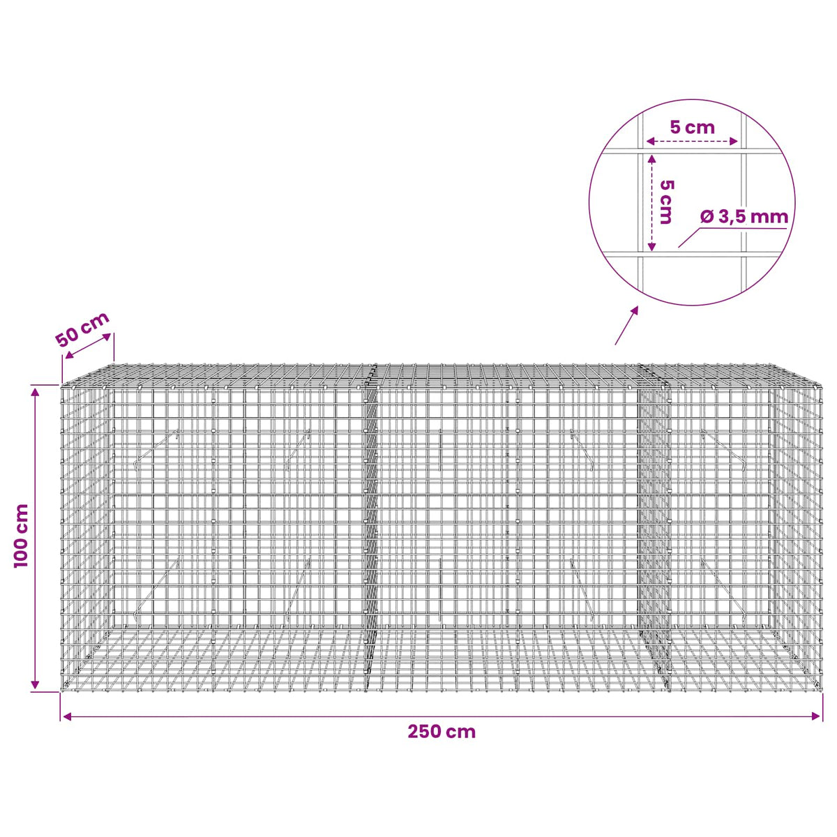 Γκαμπιόν με Σύρμα 3,5 mm και Πλέγμα 5x5 cm 250x50x100 εκ