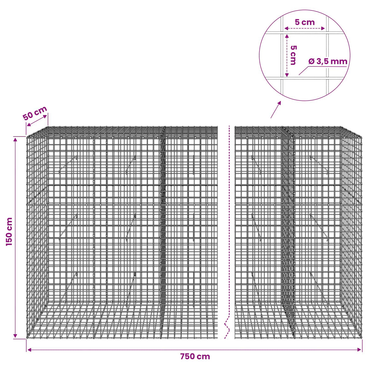 Γκαμπιόν με Σύρμα 3,5 mm και Πλέγμα 5x5 cm 750x50x150 εκ