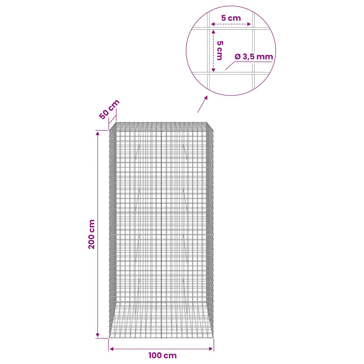 Γκαμπιόν με Σύρμα 3,5 mm και Πλέγμα 5x5 cm 100x50x200 cm - Pakobazaar