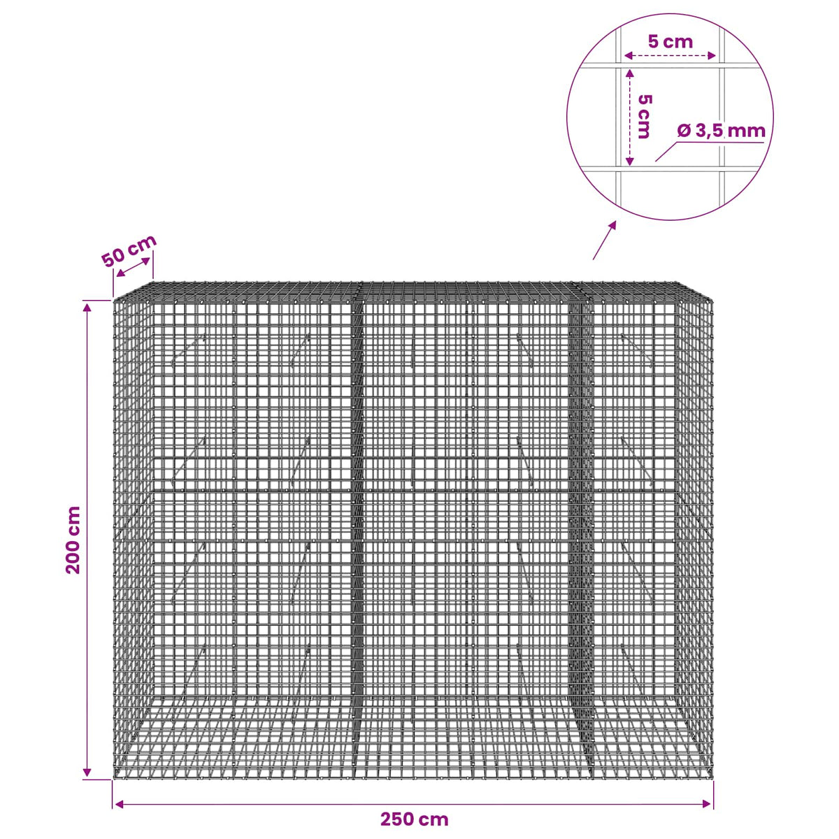 Γκαμπιόν με Σύρμα 3,5 mm και Πλέγμα 5x5 cm 250x50x200 εκ.