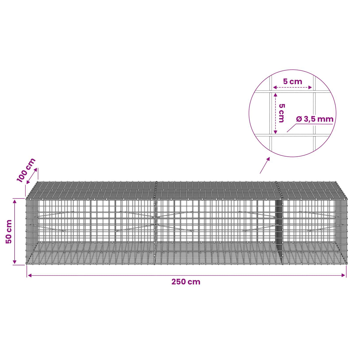 Γκαμπιόν με Σύρμα 3,5 mm και Πλέγμα 5x5 cm 250x100x50 εκ.