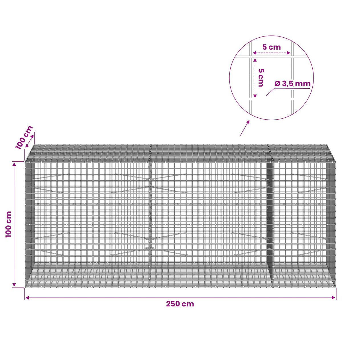 Γκαμπιόν με Σύρμα 3,5 mm και Πλέγμα 5x5 cm 250x100x100 εκ.