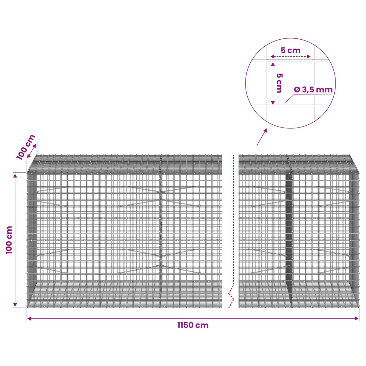 Γκαμπιόν με Σύρμα 3,5 mm και Πλέγμα 5x5 cm 1150x100x100 εκ. - Pakobazaar