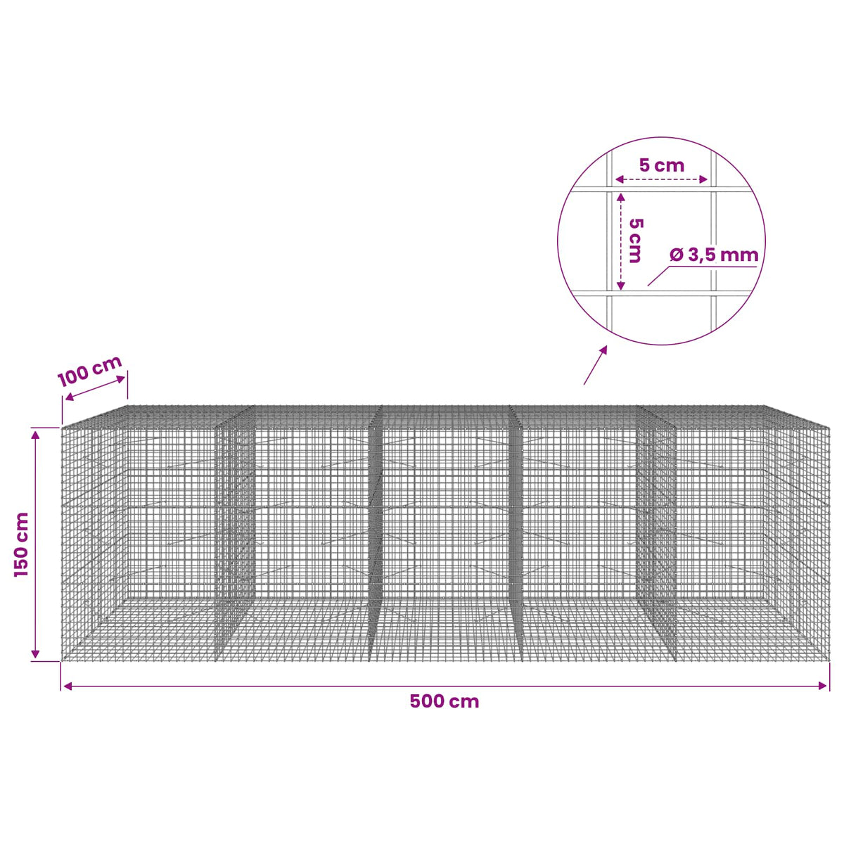 Γκαμπιόν με Σύρμα 3,5 mm και Πλέγμα 5x5 cm 500x100x150 εκ. - Pakobazaar