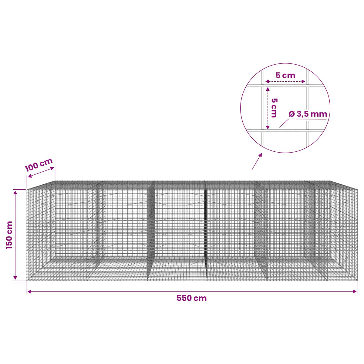 Γκαμπιόν με Σύρμα 3,5 mm και Πλέγμα 5x5 cm 550x100x150 εκ.