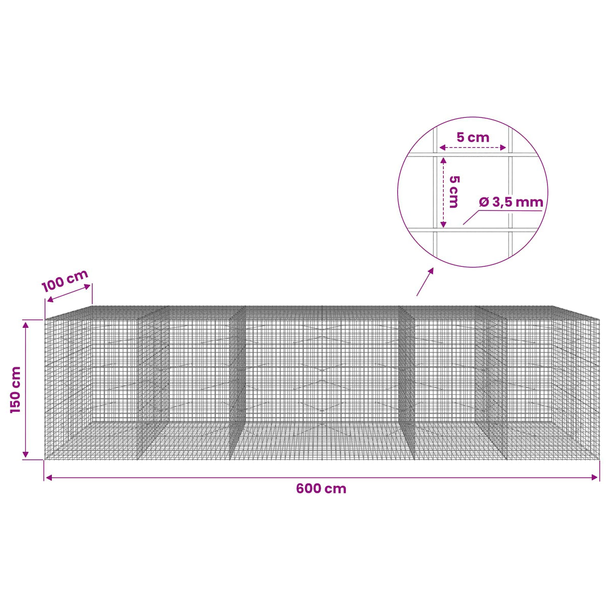 Γκαμπιόν με Σύρμα 3,5 mm και Πλέγμα 5x5 cm 600x100x150 εκ - Pakobazaar