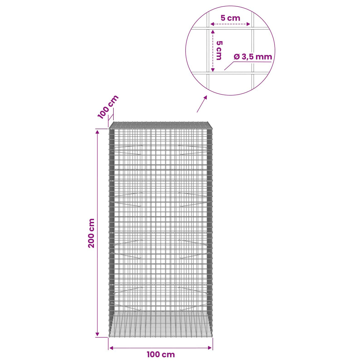 Γκαμπιόν με Σύρμα 3,5 mm και Πλέγμα 5x5 cm 100x100x200 εκ - Pakobazaar