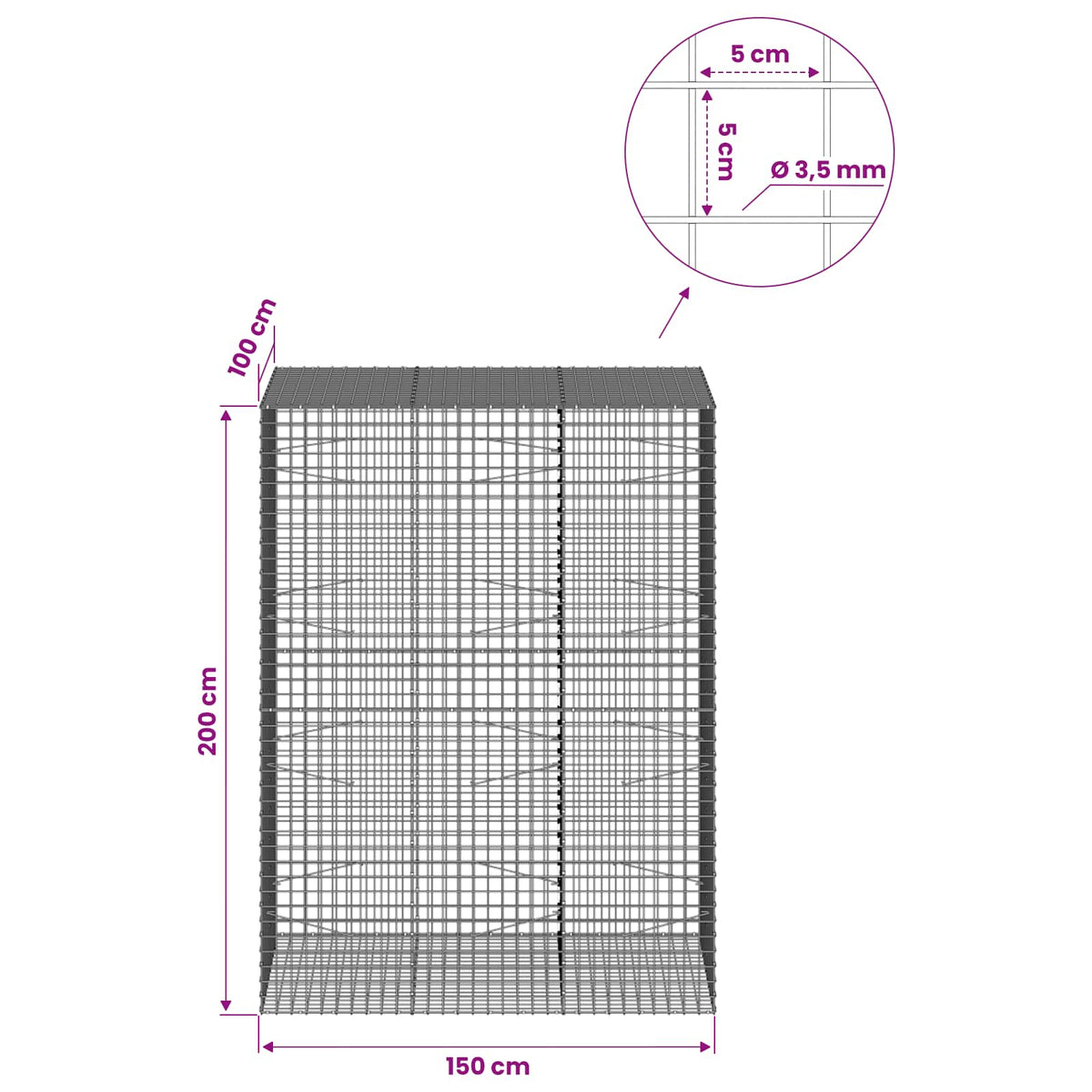 Γκαμπιόν με Σύρμα 3,5 mm και Πλέγμα 5x5 cm 150x100x200 εκ.