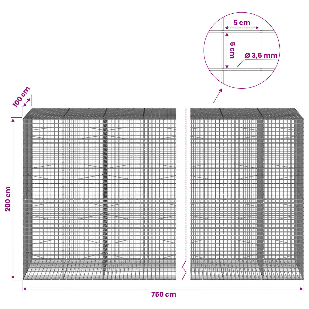 Γκαμπιόν με Σύρμα 3,5 mm και Πλέγμα 5x5 cm 750x100x200 εκ. - Pakobazaar