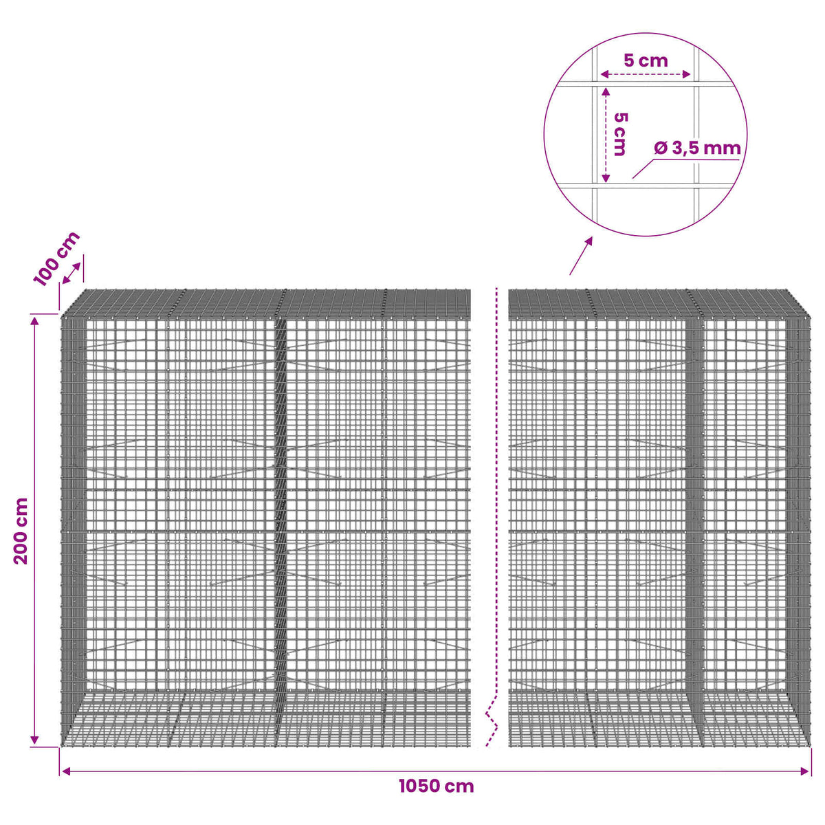 Γκαμπιόν με Σύρμα 3,5 mm και Πλέγμα 5x5 cm 1050x100x200 εκ. - Pakobazaar