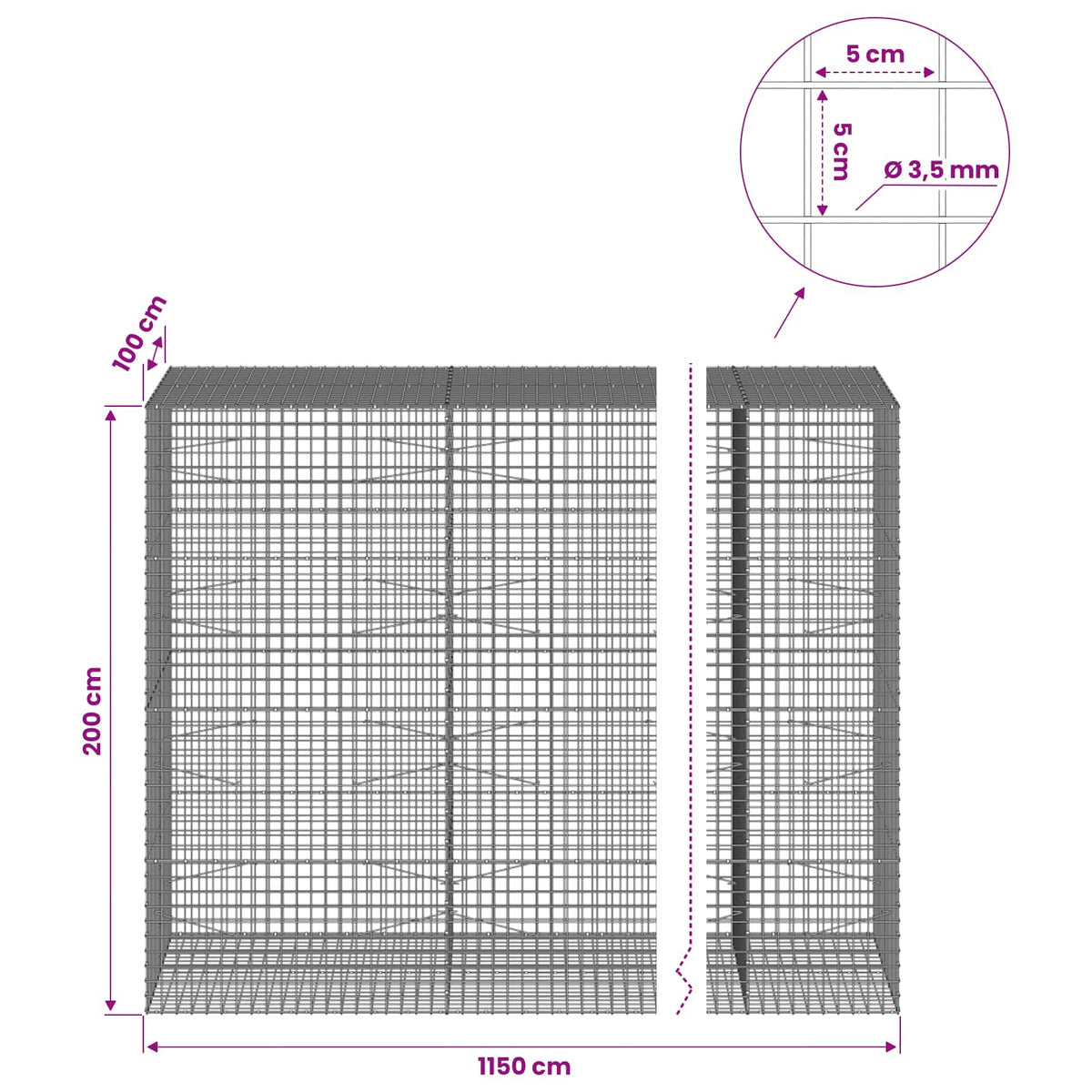 Γκαμπιόν με Σύρμα 3,5 mm και Πλέγμα 5x5 cm 1150x100x200 εκ
