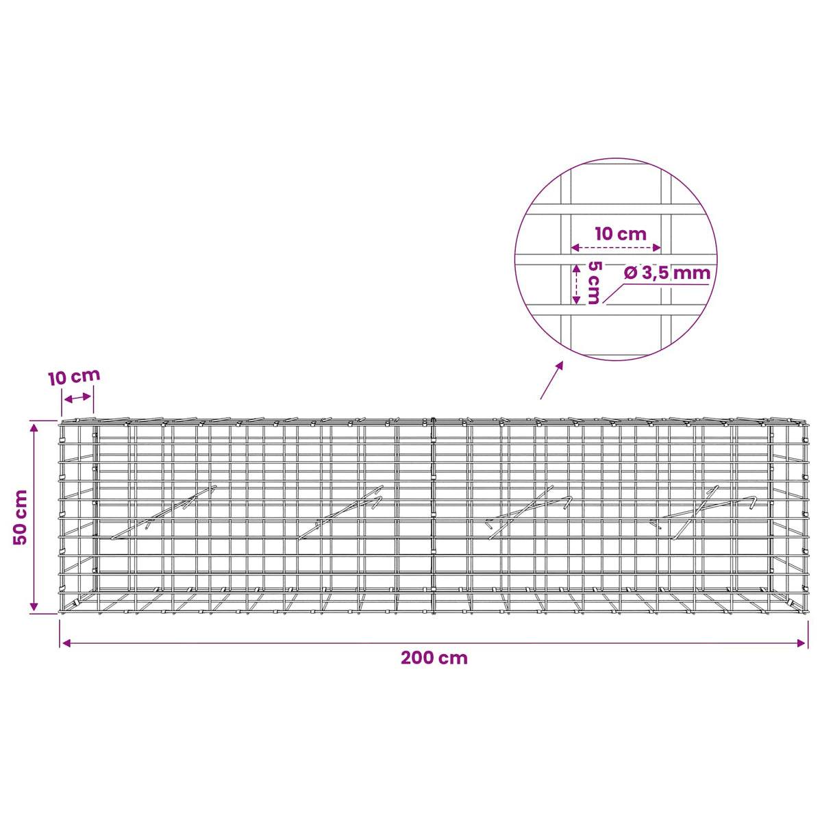 Γκαμπιόν με σύρμα 3,5 mm και πλέγμα 5x10 cm 200x10x50 εκ - Pakobazaar