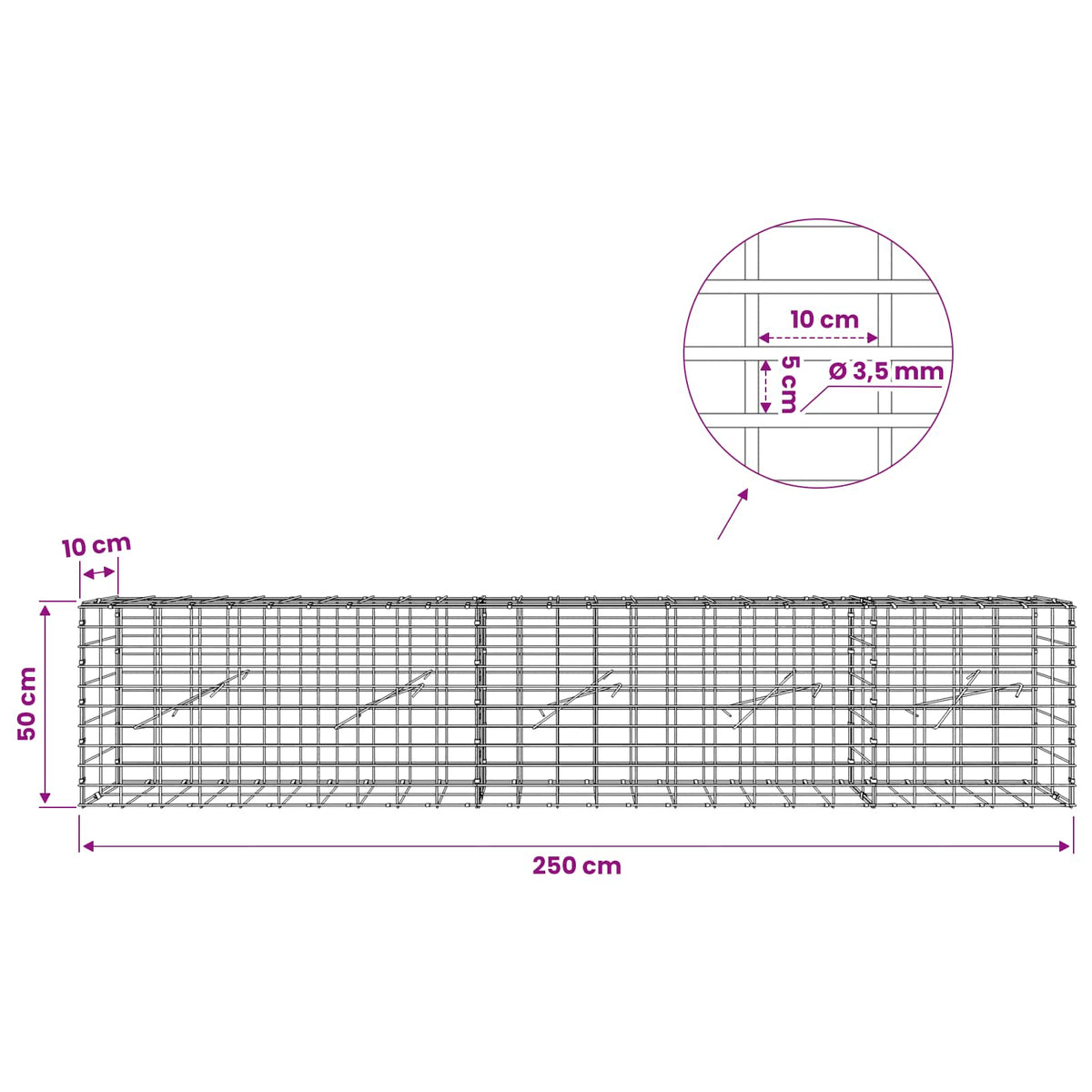 Γκαμπιόν με σύρμα 3,5 mm και πλέγμα 5x10 cm 250x10x50 εκ