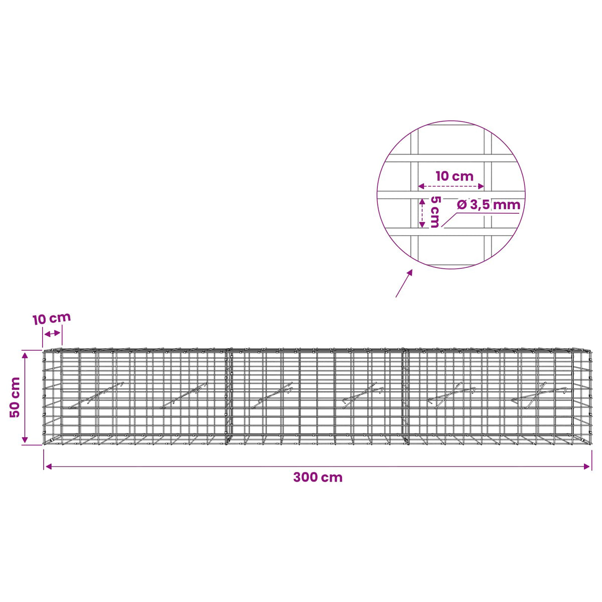 Γκαμπιόν με σύρμα 3,5 mm και πλέγμα 5x10 cm 300x10x50 εκ - Pakobazaar