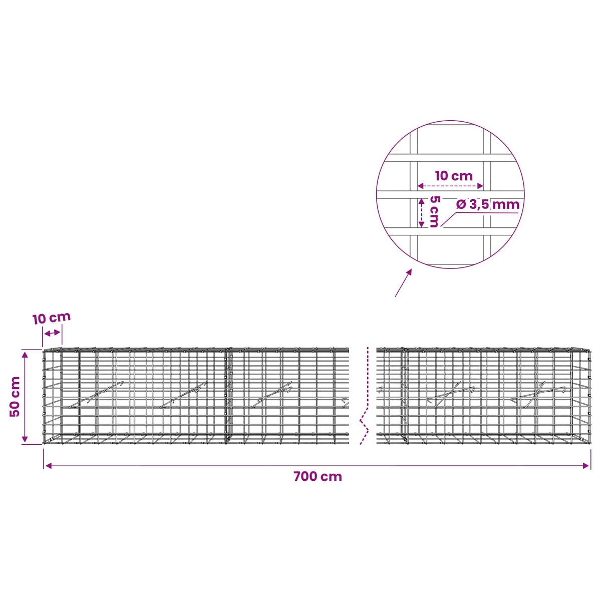 Γκαμπιόν με σύρμα 3,5 mm και πλέγμα 5x10 cm 700x10x50 εκ. - Pakobazaar