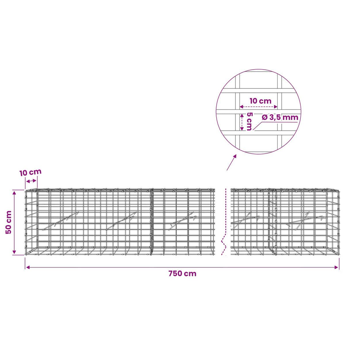 Γκαμπιόν με σύρμα 3,5 mm και πλέγμα 5x10 cm 750x10x50 εκ. - Pakobazaar