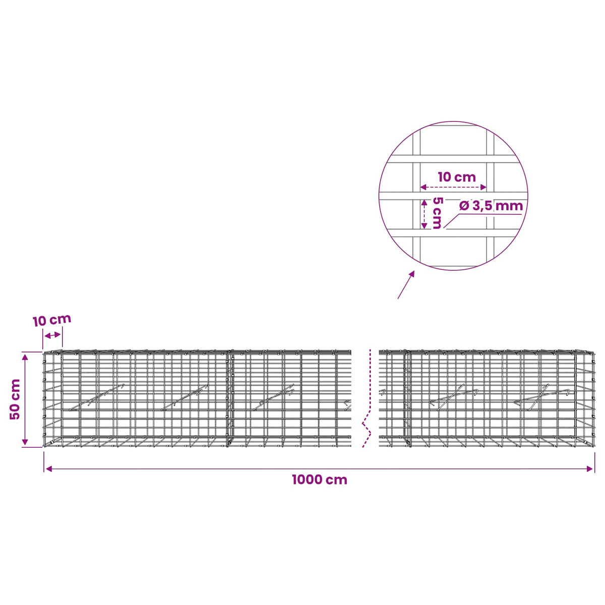 Γκαμπιόν με σύρμα 3,5 mm και πλέγμα 5x10 cm 1000x10x50 εκ - Pakobazaar