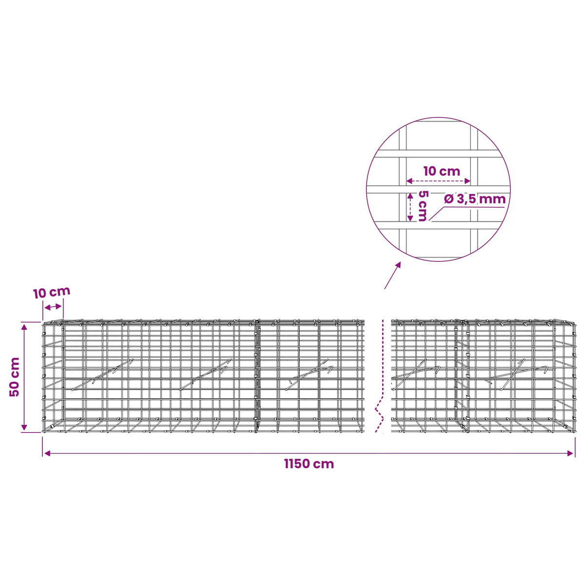 Γκαμπιόν με σύρμα 3,5 mm και πλέγμα 5x10 cm 1150x10x50 εκ - Pakobazaar