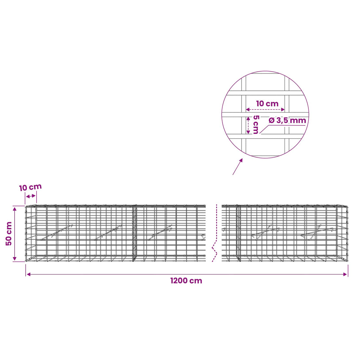Γκαμπιόν με σύρμα 3,5 mm και πλέγμα 5x10 cm 1200x10x50 εκ - Pakobazaar