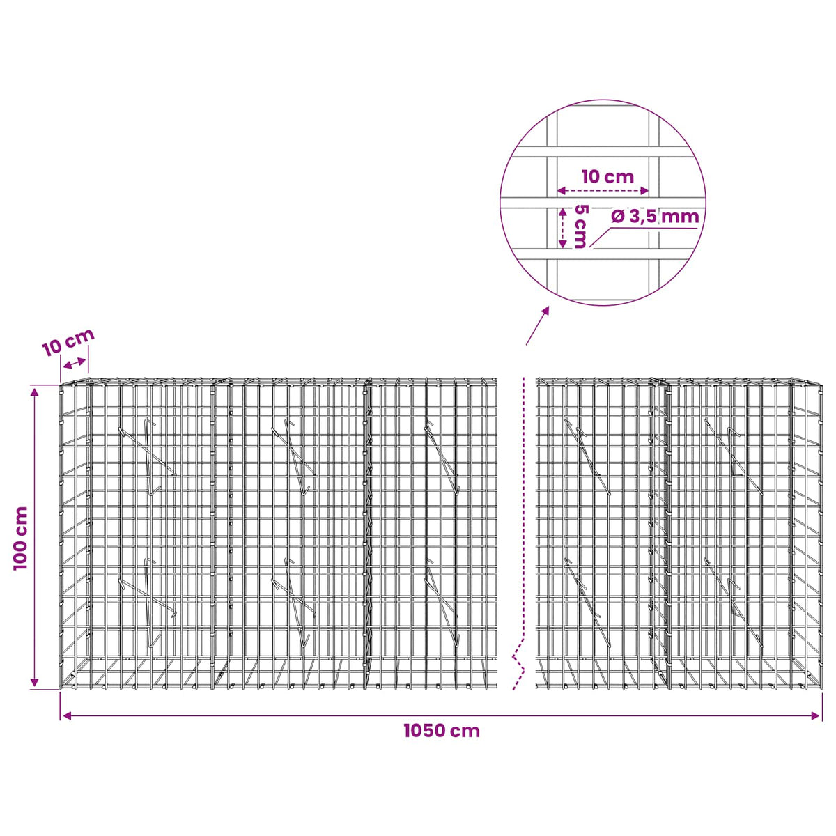 Γκαμπιόν με σύρμα 3,5 mm και πλέγμα 5x10 cm 1050x10x100 εκ.