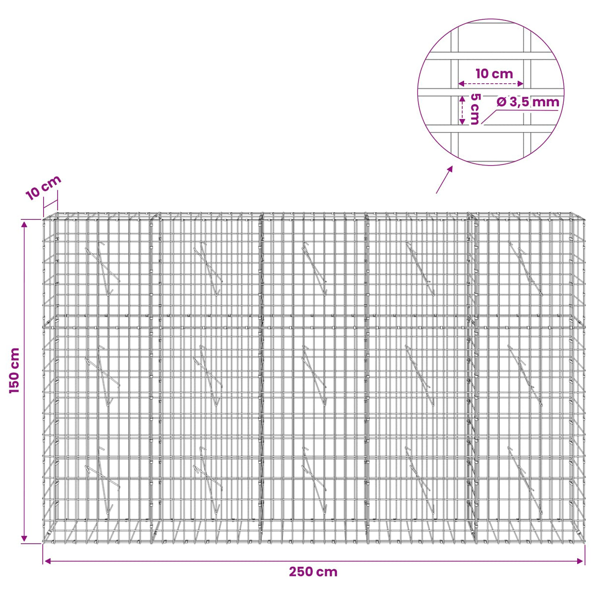 Γκαμπιόν με σύρμα 3,5 mm και πλέγμα 5x10 cm 250x10x150 εκ