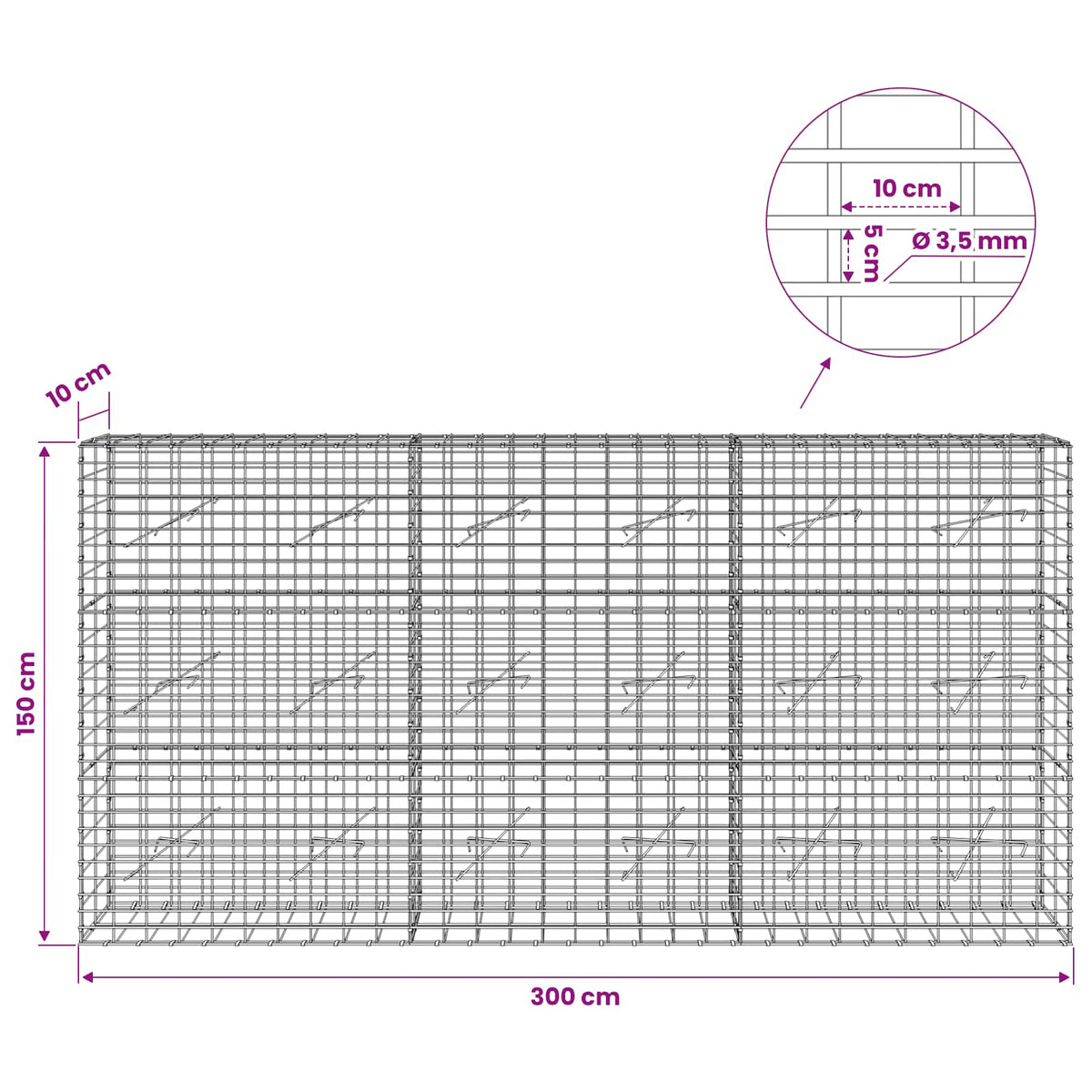 Γκαμπιόν με σύρμα 3,5 mm και πλέγμα 5x10 cm 300x10x150 εκ - Pakobazaar