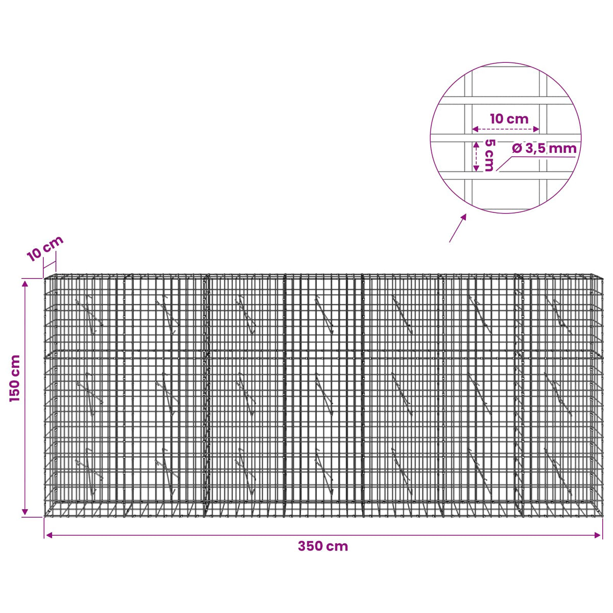 Γκαμπιόν με σύρμα 3,5 mm και πλέγμα 5x10 cm 350x10x150 εκ - Pakobazaar