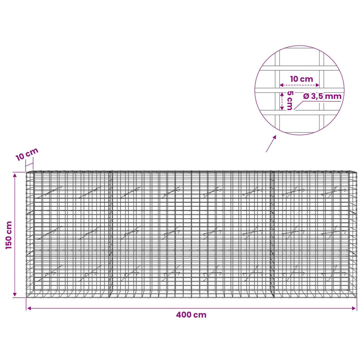Γκαμπιόν με σύρμα 3,5 mm και πλέγμα 5x10 cm 400x10x150 εκ