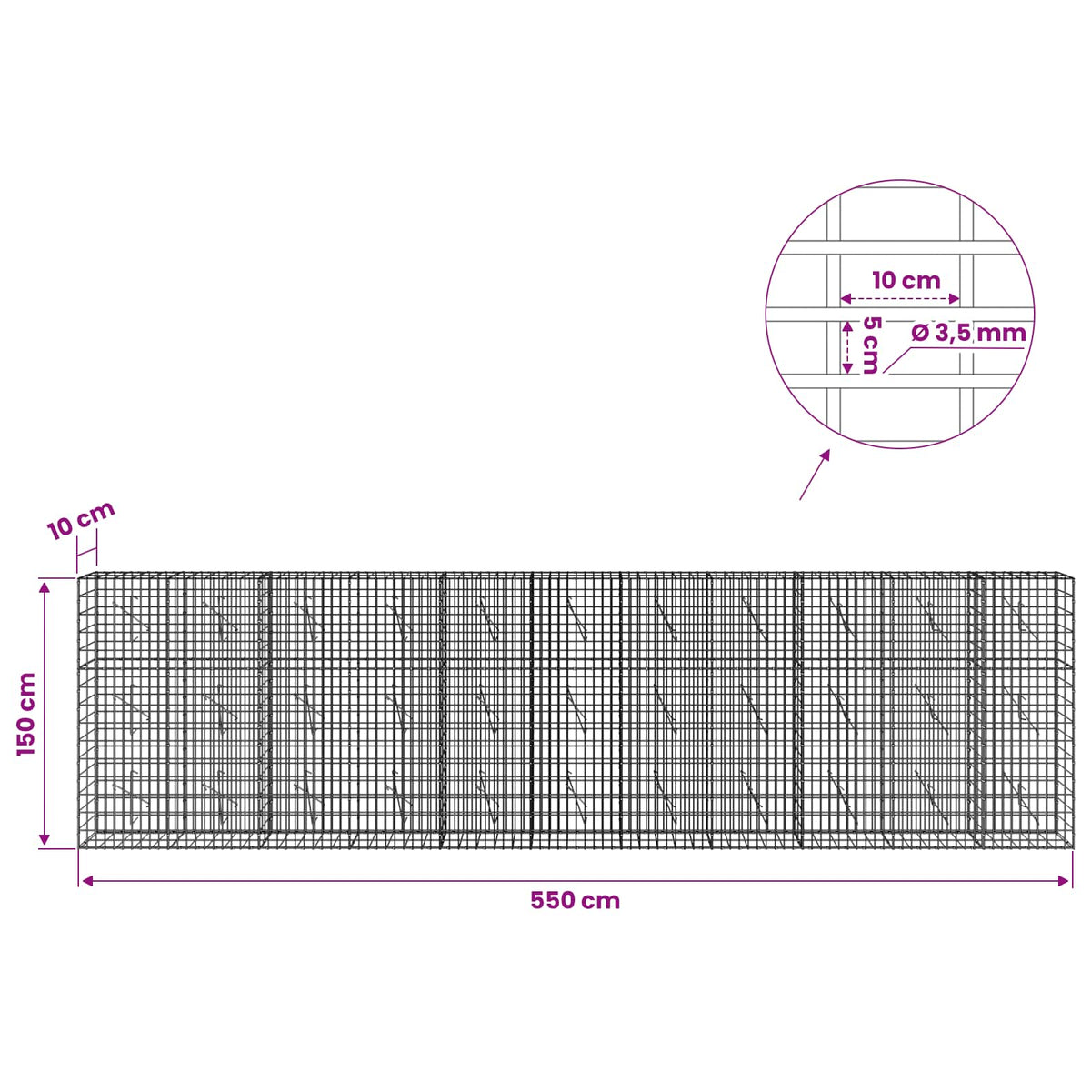 Γκαμπιόν με σύρμα 3,5 mm και πλέγμα 5x10 cm 550x10x150 εκ - Pakobazaar