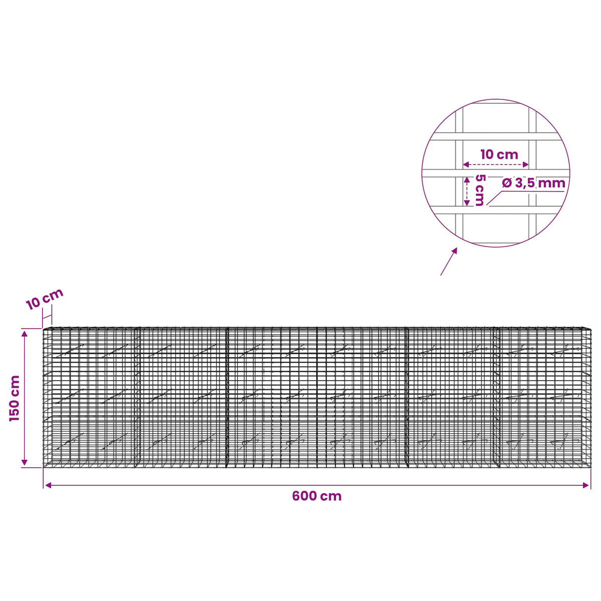 Γκαμπιόν με σύρμα 3,5 mm και πλέγμα 5x10 cm 600x10x150 εκ - Pakobazaar