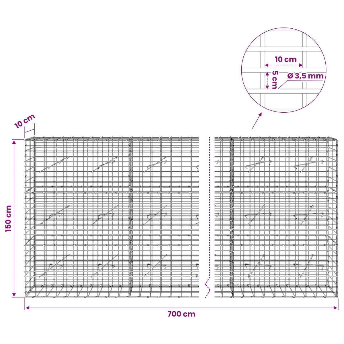 Γκαμπιόν με σύρμα 3,5 mm και πλέγμα 5x10 cm 700x10x150 εκ. - Pakobazaar