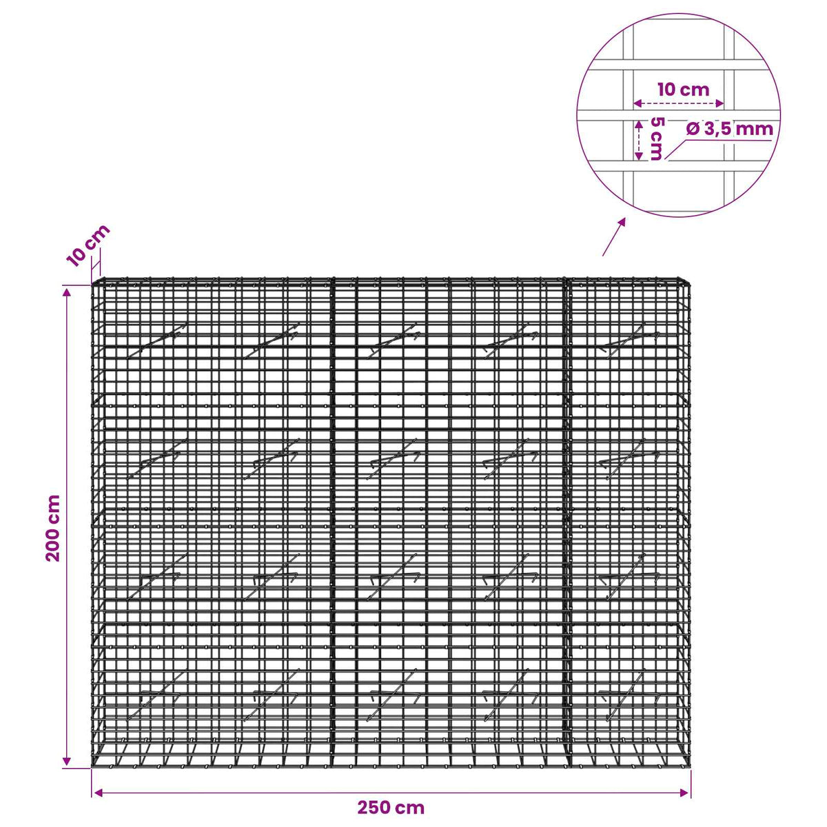 Γκαμπιόν με σύρμα 3,5 mm και πλέγμα 5x10 cm 250x10x200 εκ. - Pakobazaar
