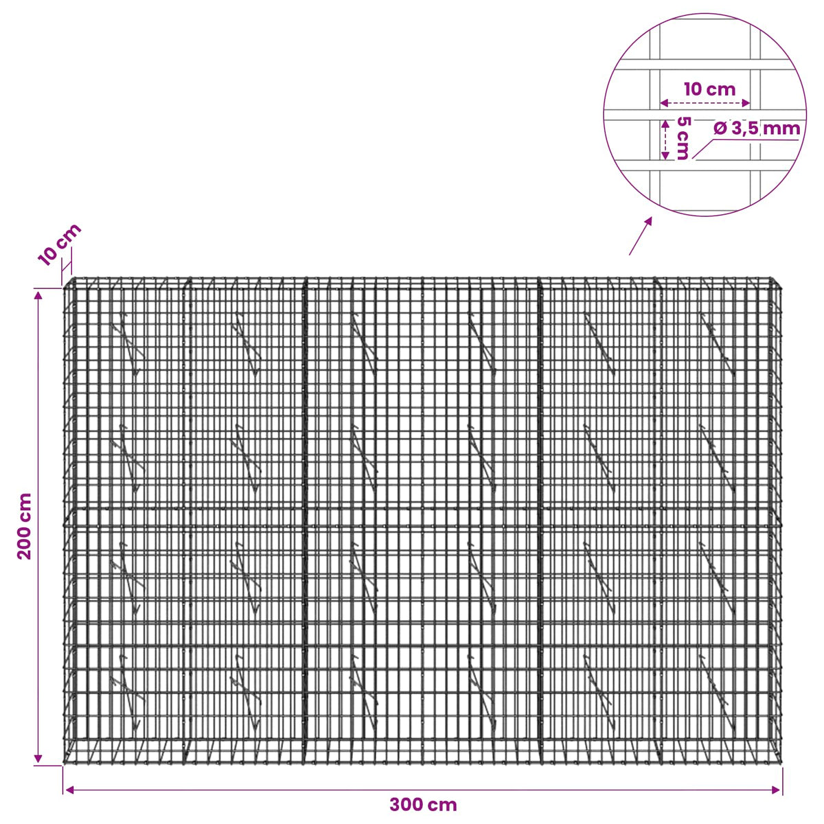 Γκαμπιόν με σύρμα 3,5 mm και πλέγμα 5x10 cm 300x10x200 εκ - Pakobazaar