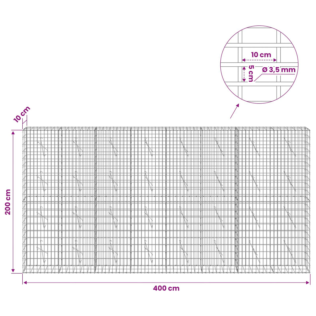 Γκαμπιόν με σύρμα 3,5 mm και πλέγμα 5x10 cm 400x10x200 εκ - Pakobazaar