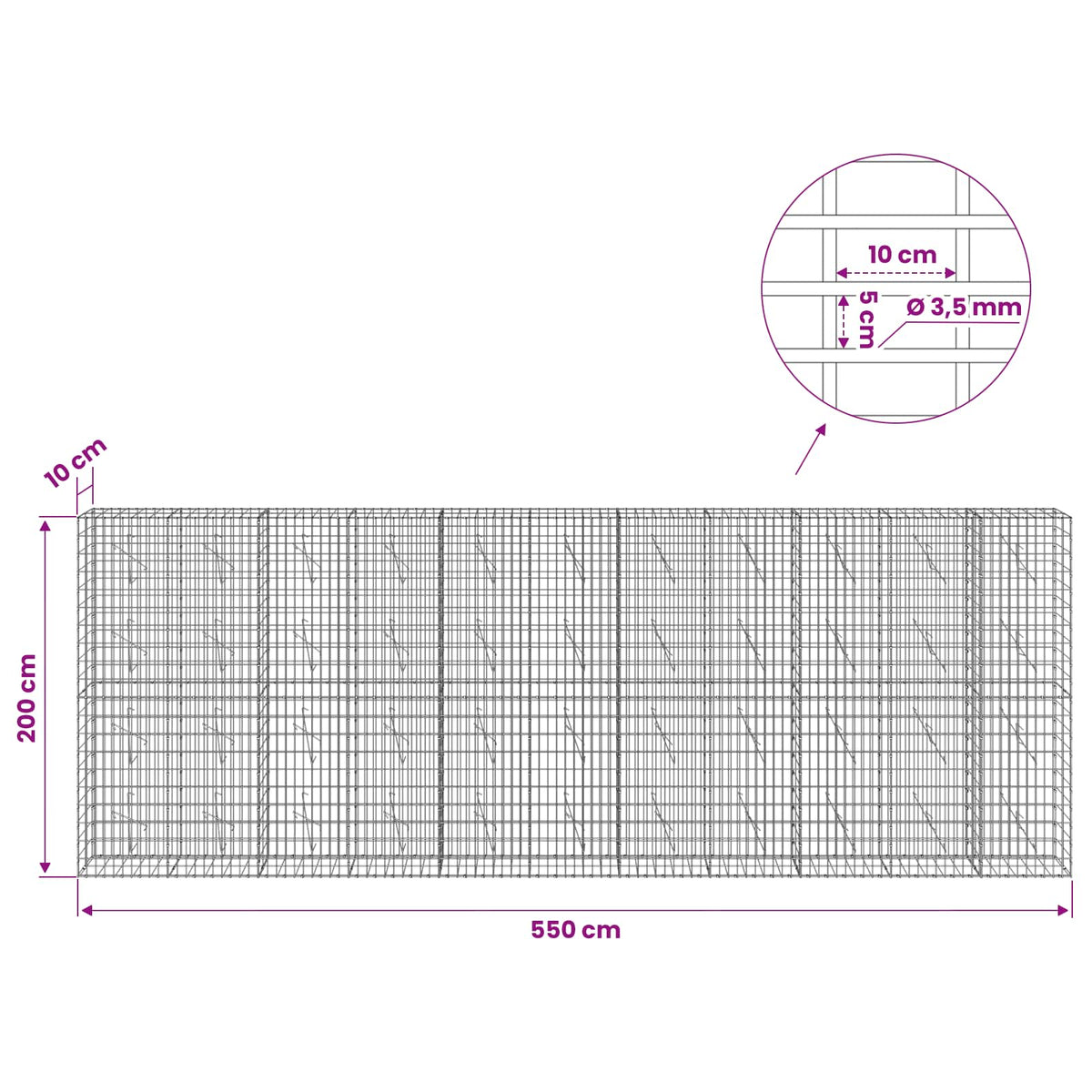 Γκαμπιόν με σύρμα 3,5 mm και πλέγμα 5x10 cm 550x10x200 εκ