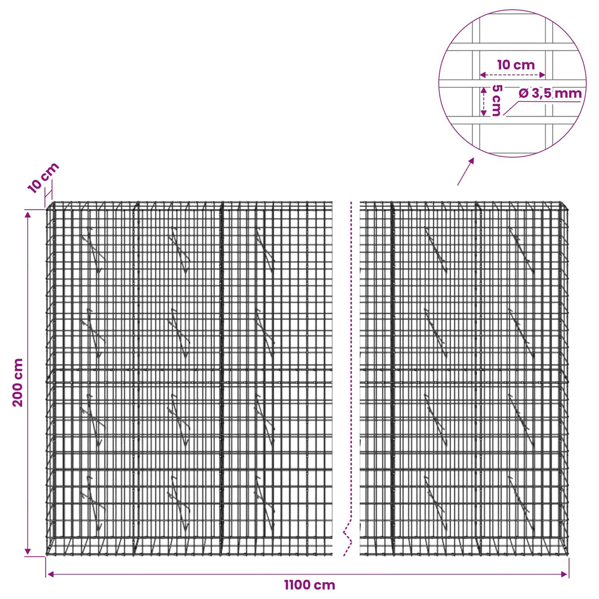 Γκαμπιόν με σύρμα 3,5 mm και πλέγμα 5x10 cm 1100x10x200 εκ - Pakobazaar