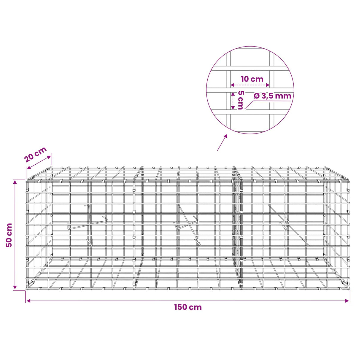 Γκαμπιόν με σύρμα 3,5 mm και πλέγμα 5x10 cm 150x20x50 εκ - Pakobazaar