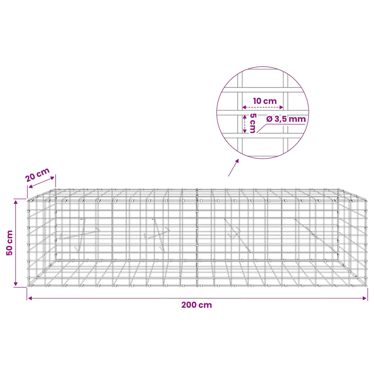 Γκαμπιόν με σύρμα 3,5 mm και πλέγμα 5x10 cm 200x20x50 εκ - Pakobazaar