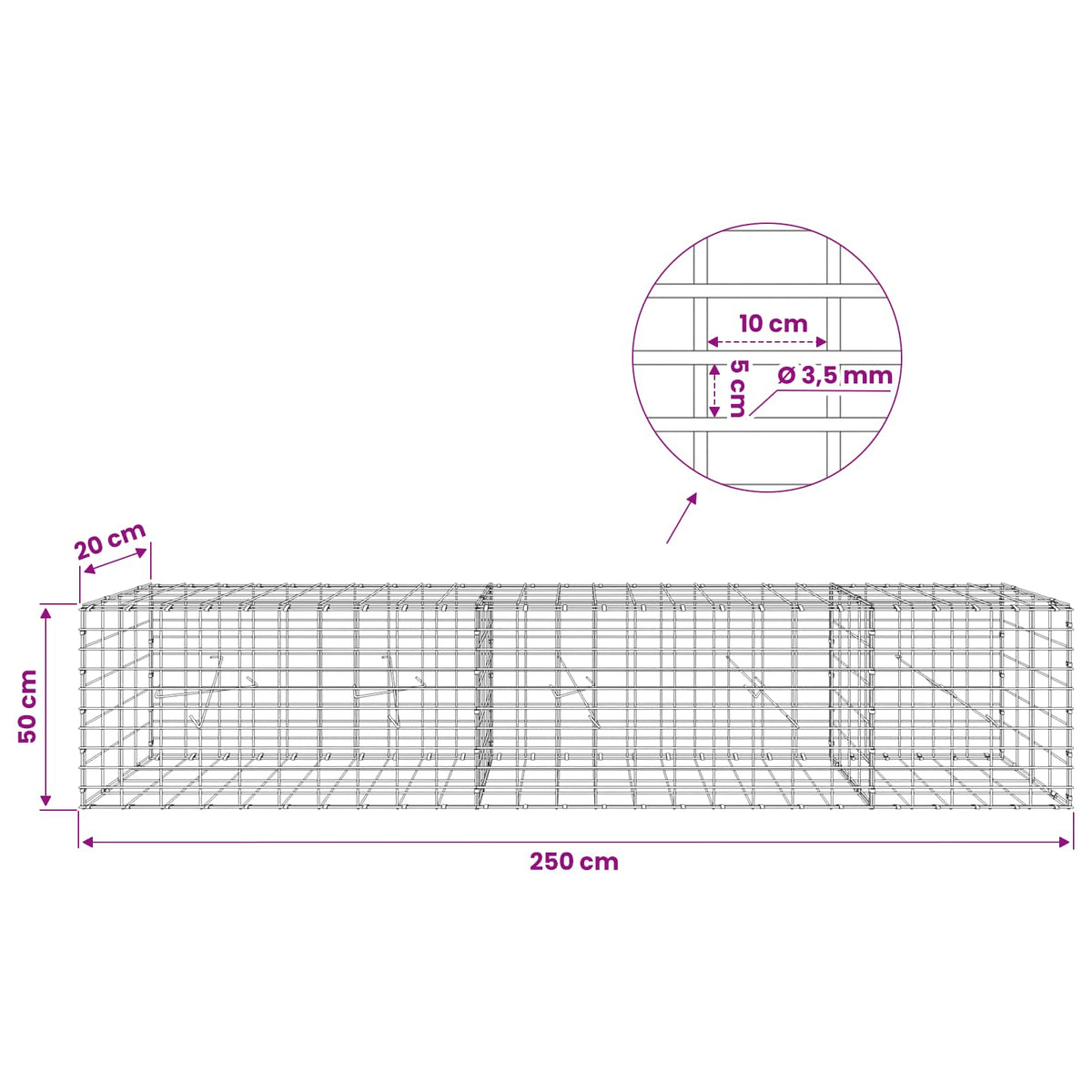 Γκαμπιόν με σύρμα 3,5 mm και πλέγμα 5x10 cm 250x20x50 εκ - Pakobazaar